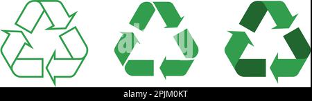 Tre simboli di riciclaggio in diversi stili - contorno, glifo e piatto - icone set. Loop Mobius. Riciclaggio dei simboli a triangolo con frecce. Illustrazione vettoriale Illustrazione Vettoriale