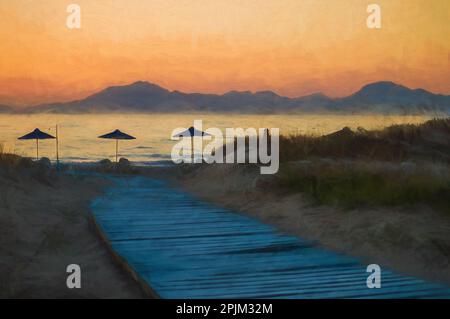 La pittura digitale di una passerella blu chiaro conduce giù agli ombrelloni sulla spiaggia, mentre il sole tramonta dietro le montagne all'ora d'oro. Foto Stock