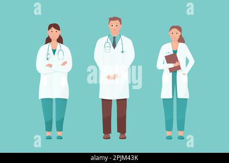 Tre medici in piedi di altezza. Assistenza medica e cure urgenti concetto. Cordiale e attento ai medici di soddisfare il paziente. Appartamento cartoon illustrazione vettoriale su ON è Illustrazione Vettoriale