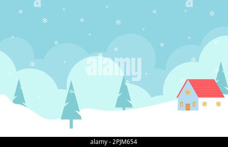 Paesaggio invernale illustrazione con pini, nuvole, e casa. Carta da parati invernale dal design piatto. Illustrazione invernale con stile cartoon. Illustrazione Vettoriale