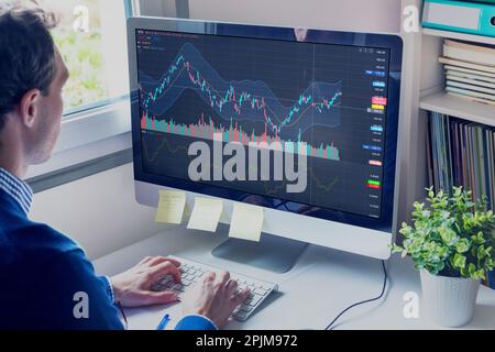 Negoziazione di mercati azionari e investimenti finanziari. Persona che utilizza l'interfaccia di trading con grafici e strumenti statistici sul computer per analizzare il prezzo del ticker evol Foto Stock