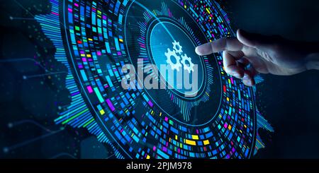 Tecnologia dei big data e scienza dei dati. Analista di dati che analizza e visualizza set di dati complessi su schermo virtuale. Informatica, genomica, int. Artificiale Foto Stock