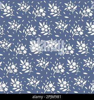 Classico motivo premium senza cuciture, fiori bianchi su blu con pennellate. Illustrazione e sfondo di lussuosi acquerelli botanici Illustrazione Vettoriale