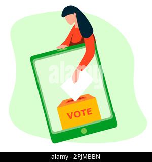 Illustrazione di donna e tablet su sfondo bianco. Concetto di voto online Foto Stock