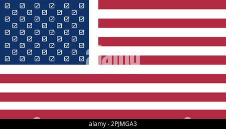 Bandiera americana con simboli di segno di spunta invece di stelle. US 2020 testo elettorale del presidente e bandiera US. Logo della campagna elettorale politica. Lust vettoriale piatto Illustrazione Vettoriale