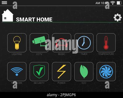 Schermo del tablet con app SMART HOME, illustrazione. Tecnologia automatica Foto Stock