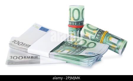 Banconote in euro isolate su bianco. Denaro e finanza Foto Stock