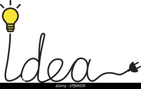 Pensiero creativo o concetto di idea. Parola idea scritta a mano con lampada a lampadina. Creatività, concetto di innovazione. Parola come filo elettrico. Vettore Doodle i Illustrazione Vettoriale
