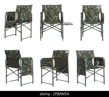 Set con comode sedie da pesca camouflage su sfondo bianco Foto Stock