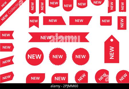 Collezione di badge, etichette o adesivi rossi. Nuova etichetta rossa. Adesivi o etichette promozionali. Nuova collezione di badge. Illustrazione vettoriale Illustrazione Vettoriale