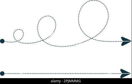 Piano di carta che vola lungo il percorso punteggiato attraverso alcuni punti. Concetto di viaggio, spedizione, consegna o viaggio. Rotta tratteggiata dell'aereo. Curva, ad anello e st Illustrazione Vettoriale