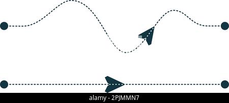 Piano di carta che vola lungo il percorso punteggiato attraverso alcuni punti. Concetto di viaggio, spedizione, consegna o viaggio. Rotta tratteggiata dell'aereo. Curve e dritte l Illustrazione Vettoriale