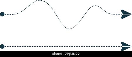 Piano della carta che vola lungo il percorso punteggiato. Concetto di viaggio, spedizione, consegna o viaggio. Rotta tratteggiata dell'aereo. Percorso con linea curva e retta. Vettore ill Illustrazione Vettoriale