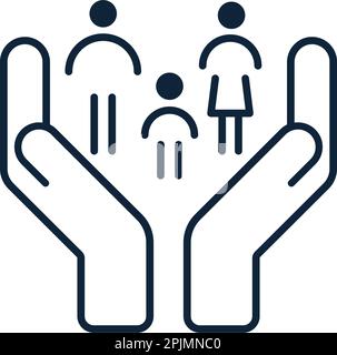 Concetto di cura della famiglia. Mani che tengono piccola famiglia - padre, madre e bambino. Protezione della famiglia, assicurazione medica icona. Concetto di cura. Vettore illustrati Illustrazione Vettoriale