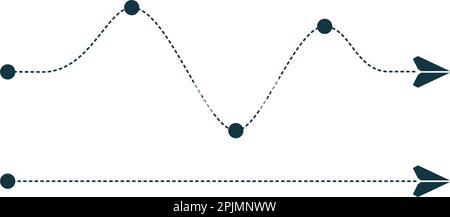 Piano di carta che vola lungo il percorso punteggiato attraverso alcuni punti. Concetto di viaggio, spedizione, consegna o viaggio. Rotta tratteggiata dell'aereo. Curve e dritte l Illustrazione Vettoriale