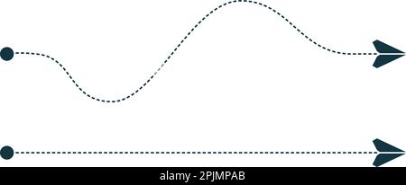 Piano di carta che vola lungo il percorso punteggiato attraverso alcuni punti. Concetto di viaggio, spedizione, consegna o viaggio. Rotta tratteggiata dell'aereo. Curve e dritte l Illustrazione Vettoriale