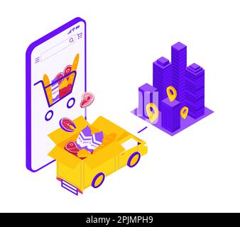 Concetto di negozio online alimentare. Telefono con negozio, alimentari, negozio di alimentari online. Prodotti per il carico di autoveicoli - carne, pesce, latte dal carrello. Destinazione come città con b Illustrazione Vettoriale