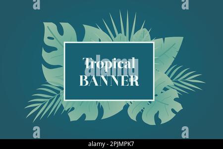 Banner tropicale estivo con cornice rettangolare e foglie tropicali intorno. Banner floreale con palma, foglie di banana. Elemento del biglietto d'auguri. Illustrazione vettoriale Illustrazione Vettoriale