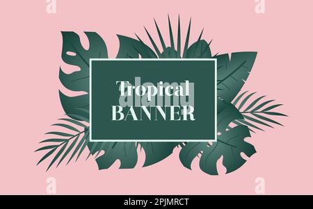 Banner tropicale estivo con cornice rettangolare e foglie tropicali intorno. Banner floreale con palma, foglie di banana. Elemento del biglietto d'auguri. Illustrazione vettoriale Illustrazione Vettoriale