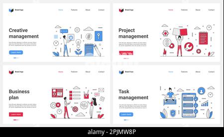 Illustrazione vettoriale di project management, business plan ed elenco task set. Cartoon le persone piccole lavorano con software per report visivi, metodi creativi e sistemi digitali per lo sviluppo di aziende Illustrazione Vettoriale
