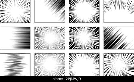 Set di cornici per libro manga nero. Azione, velocità radiale, orizzontale, linee a spirale. Fumetti sfondi del fumetto. Burst, modelli di manga d'azione. Raggio Illustrazione Vettoriale