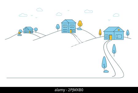 Linea, illustrazione dello stile piatto del contorno. Sobborghi paesaggio con colline. Case, case in periferia, villaggio. Paesaggio con alberi e case. Vettore Illustrazione Vettoriale