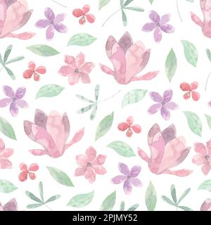 Motivo floreale senza cuciture astratto. Colori luminosi, pittura su sfondo chiaro. Fiori di ciliegio. Illustrazione Vettoriale