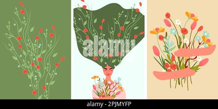 Bella illustrazione vettoriale di una donna con fiori nei suoi capelli, un bouquet e elementi primavera, foglie, piante, petali e boccioli. Ideale per biglietti e poster primaverili, banner, inviti. Vettore Illustrazione Vettoriale