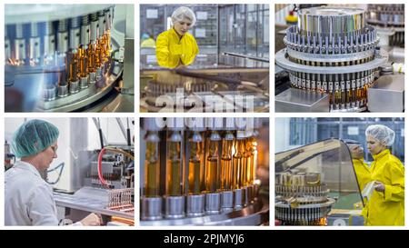 Fiale mediche sulla linea di produzione. Operatori della linea di produzione farmaceutica al lavoro. Lo sviluppo di nuovi medicinali. Foto Stock