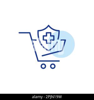 Assicurazione medica shopping. Acquisto di piani sanitari. Scudo di sicurezza con croce nel carrello della spesa. Icona della linea perfetta dei pixel Illustrazione Vettoriale