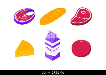 Set di cibi che comprende pesce, salmone, carne, bistecca e cartone di latte e frutta, formaggio. Figura piatta in stile isometrico. Illustrazione vettoriale Illustrazione Vettoriale