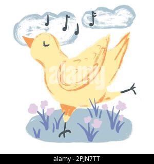 Disegnata a mano carina illustrazione di pollo giallo danza canto musica con nuvole fiori. Design divertente per bambini asilo nido, animale domestico uccello pollame gallina, Pasqua concetto di primavera stampa Foto Stock