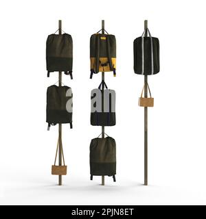 Una rappresentazione 3D di assortimento di bagagli e valigie appesi su un appendiabiti in una stanza Foto Stock