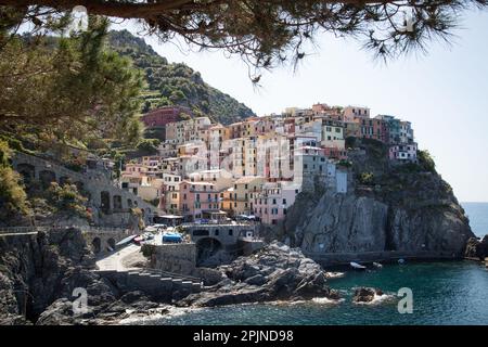 Case colorate sono incastonate sulle scogliere del villaggio di Manarola, nella pittoresca regione delle cinque Terre. Foto Stock