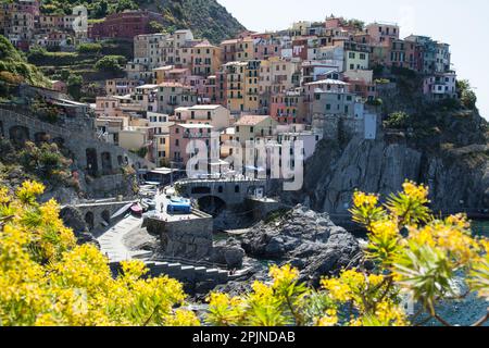 Case colorate sono incastonate sulle scogliere del villaggio di Manarola, nella pittoresca regione delle cinque Terre. Foto Stock