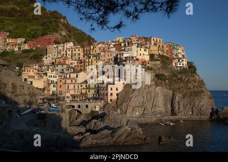 Case colorate sono incastonate sulle scogliere del villaggio di Manarola, nella pittoresca regione delle cinque Terre. Foto Stock