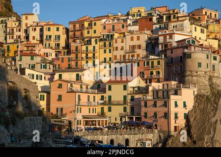 Case colorate sono incastonate sulle scogliere del villaggio di Manarola, nella pittoresca regione delle cinque Terre. Foto Stock