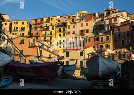 Case colorate sono incastonate sulle scogliere del villaggio di Manarola, nella pittoresca regione delle cinque Terre. Foto Stock