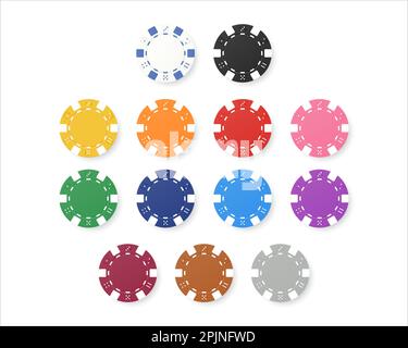 Poker chip sfondo isolato. Colori verde, blu, rosso, giallo, bianco e nero. Grande insieme di gioco d'azzardo come dadi di poker, roulette chip. Bianco, bl Illustrazione Vettoriale