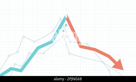 Concetto di crollo del mercato azionario. Freccia del grafico rotta. Crescita del mercato azionario e brusco prelievo. Grafico finanziario che presenta crisi di stock. Fallimento aziendale Illustrazione Vettoriale