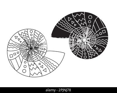 Guscio di lumaca con motivo geometrico. Simbolo di shell a spirale. Illustrazione del contorno della linea e dello stile glifo. Illustrazione vettoriale Illustrazione Vettoriale