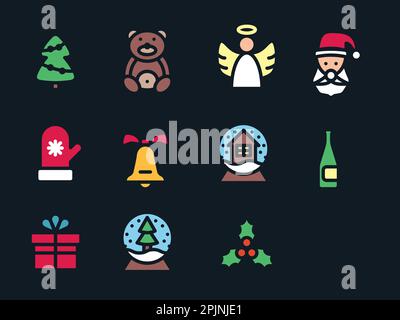 Collezione di icone glyph di Natale. Contiene - babbo natale, regalo, regalo, angelo, albero di natale, holly, sfera di cristallo, guanto, bottiglia per le vacanze. Illustrazione Vettoriale
