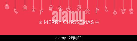 Banner rosso di natale. Banner natalizio con appesi giocattoli natalizi come canna di caramella, calzino, palla, guanto, campana. Illustrazione vettoriale. Illustrazione Vettoriale