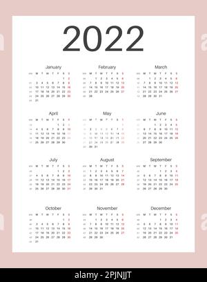 Calendario 2022. Inizio settimana di domenica. Dimensioni lettera. Layout verticale. Modello di calendario stampabile per i pianificatori. Numero di settimana. Tipografia grunge stile Illustrazione Vettoriale