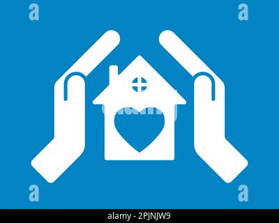 Le mani coprono il tetto della casa. Simbolo del cuore all'interno della casa. Cura domestica, concetto di assicurazione. Illustrazione vettoriale Illustrazione Vettoriale