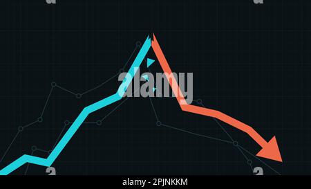 Concetto di crollo del mercato azionario. Freccia del grafico rotta. Crescita del mercato azionario e brusco prelievo. Grafico finanziario che presenta crisi di stock. Fallimento aziendale Illustrazione Vettoriale