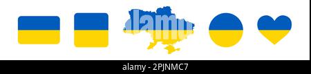 Set di simboli ucraini - bandiera, cerchio, mappa, quadrato, cuore. Ucraina mappa, cuore ucraino. Applicabile per il supporto Ucraina, icone della guida. Illustrazione Vettoriale