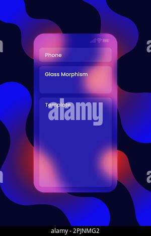 Modello trasparente per telefono cellulare. Modello di telefono cellulare, interfaccia ui in vetro morfismo. Astrarre le forme del liquido sullo sfondo. Illustrazione vettoriale Illustrazione Vettoriale