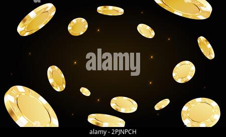 VIP poker chips volare intorno al centro. Gioco d'azzardo, casinò 3d chip d'oro. Gioco di scommessa denaro, fortuna, jackpot, concetto di vincita. Illustrazione vettoriale Illustrazione Vettoriale