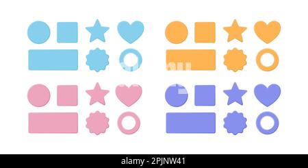 Set di forme di base per l'interfaccia utente 3d. Collezione di forme come quadrato, stella, cuore, rettangolo in blu, rosso, colori giallo, viola. Illustrazione vettoriale Illustrazione Vettoriale